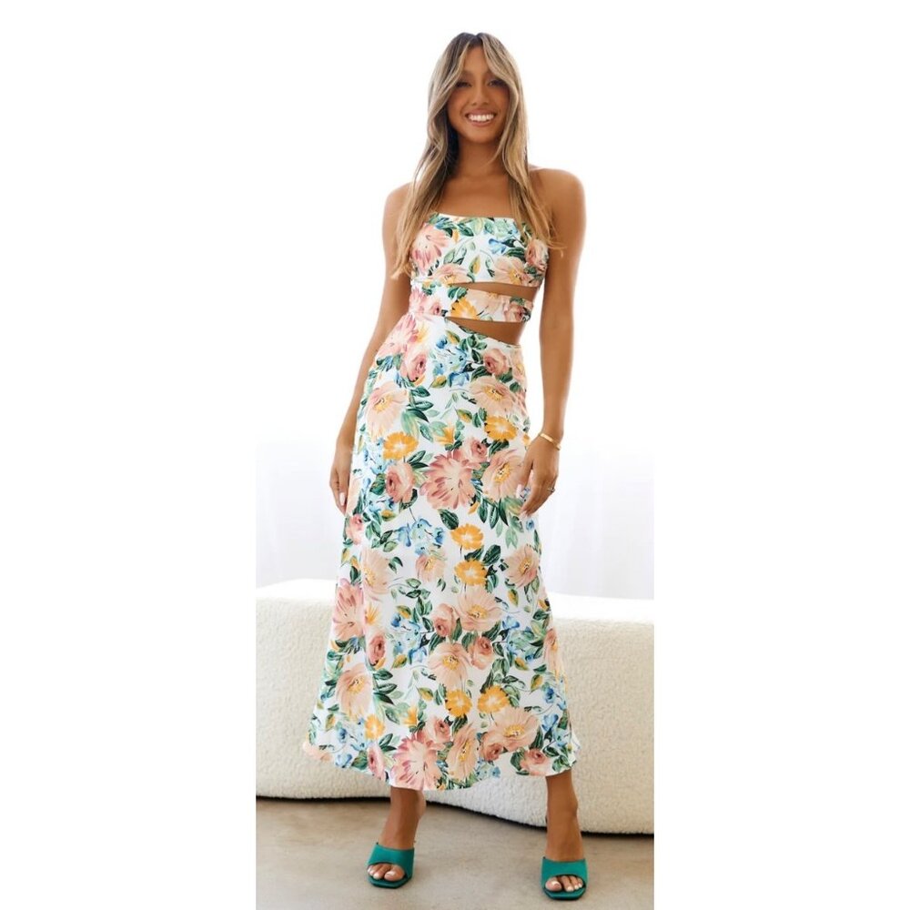 Hello Molly White Floral Maxi Dress with Pink and Yellow Blooms